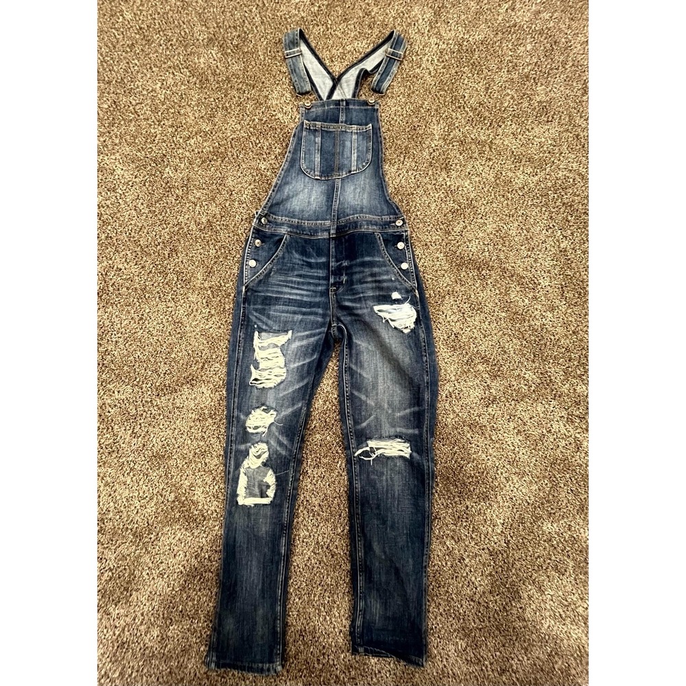 American Eagle Tomgirl Overalls Womens S Blue Distressed‎ Denim Skinny Bib Jeans